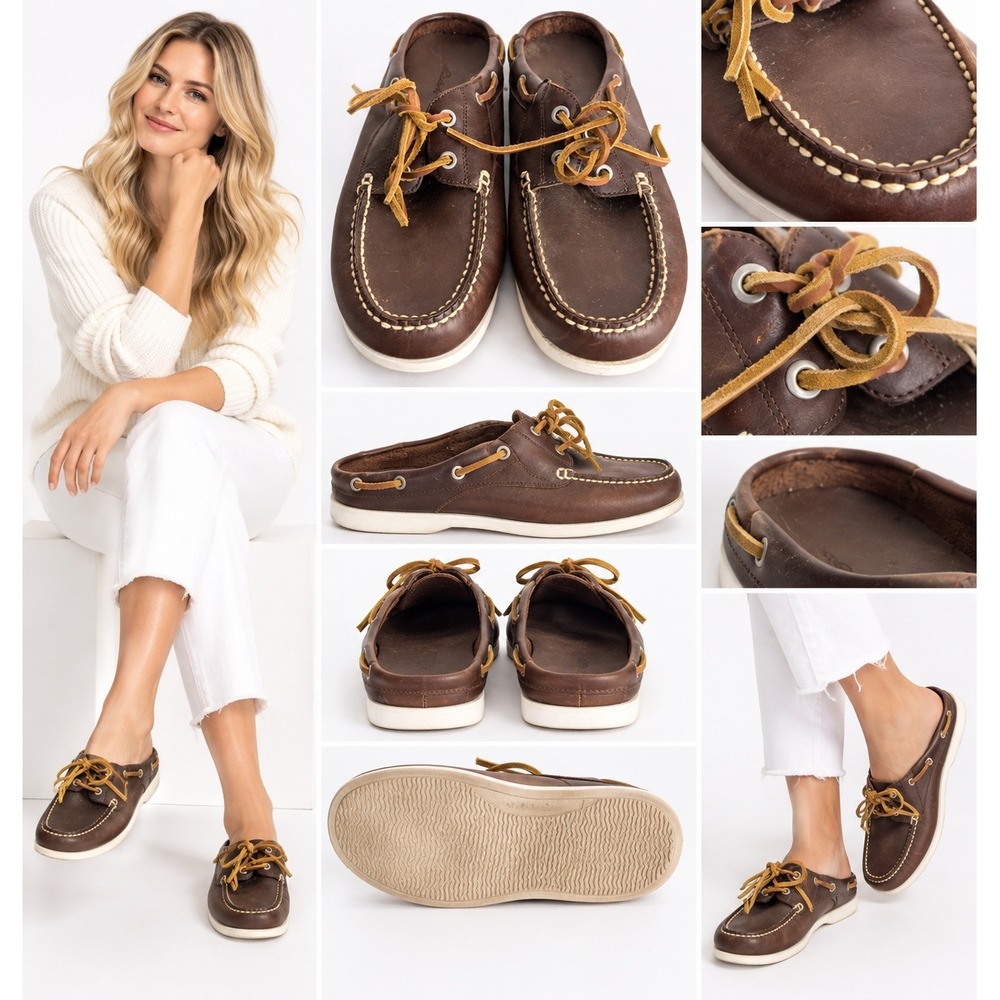 Eddie Bauer 9M Brown Leather Boat Shoe Mules Slip On Coastal Preppy Nautical